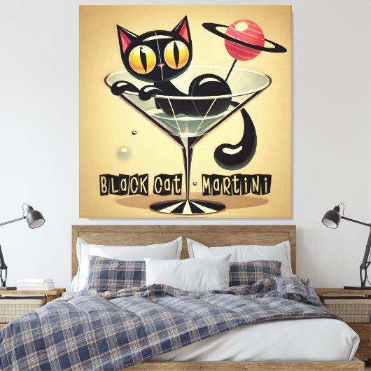 Atomic Futuristic Space Age Black Cat Martini Canvas Afdruk (Insitu (Slaapkamer))