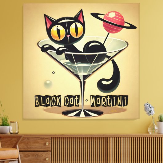Atomic Futuristic Space Age Black Cat Martini Canvas Afdruk (Insitu (Woonkamer))