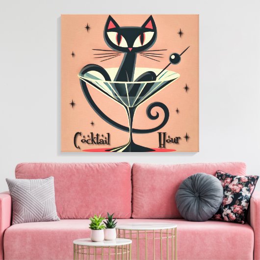 Atomic Futuristic Space Age Black Cat Martini Canvas Afdruk (Insitu (Woonkamer))