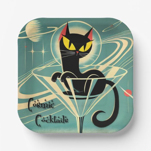 Atomic Futuristic Space Age Black Cat Martini Papieren Bordje (Voorkant)