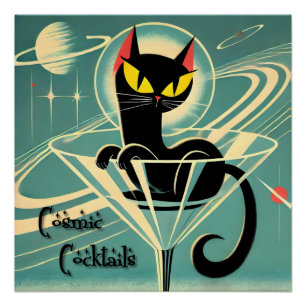 Atomic Futuristic Space Age Black Cat Martini Perfect Poster