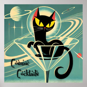 Atomic Futuristic Space Age Black Cat Martini Poster