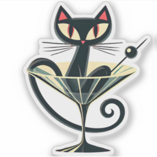Atomic Futuristic Space Age Black Cat Martini Sticker