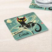 Atomic Futuristic Space Age Black Cat Martini Vierkante Kartonnen Onderzetter (Schuin)