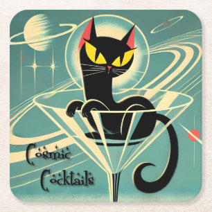 Atomic Futuristic Space Age Black Cat Martini Vierkante Kartonnen Onderzetter