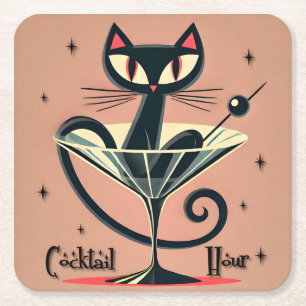 Atomic Futuristic Space Age Black Cat Martini Vierkante Kartonnen Onderzetter