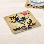 Atomic Futuristic Space Age Black Cat Martini Vierkante Kartonnen Onderzetter (Schuin)