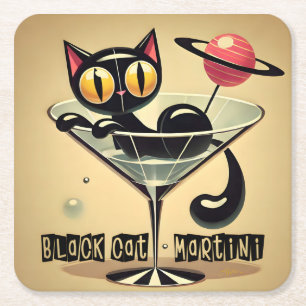 Atomic Futuristic Space Age Black Cat Martini Vierkante Kartonnen Onderzetter