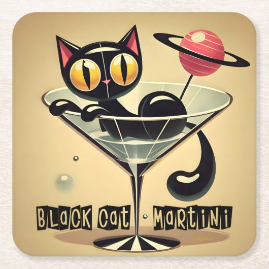 Atomic Futuristic Space Age Black Cat Martini Vierkante Kartonnen Onderzetter (Voorkant)