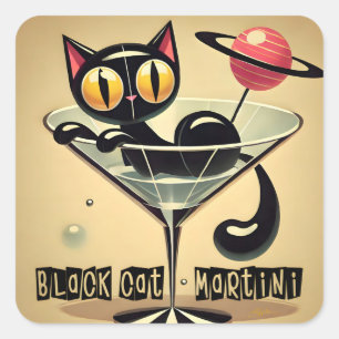 Atomic Futuristic Space Age Black Cat Martini Vierkante Sticker