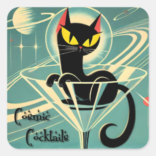 Atomic Futuristic Space Age Black Cat Martini Vierkante Sticker