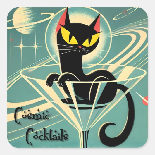 Atomic Futuristic Space Age Black Cat Martini Vierkante Sticker (Voorkant)
