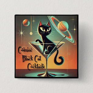 Atomic futuristische kosmische zwarte kat cocktail vierkante button 5,1 cm