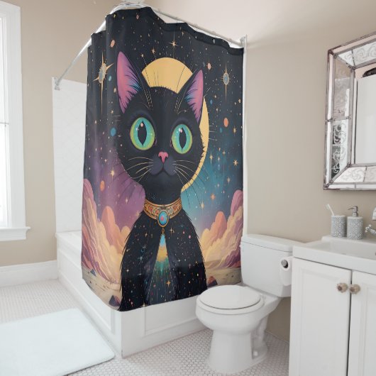 Atomic futuristische kosmische zwarte kat in het m douchegordijn (In situ)