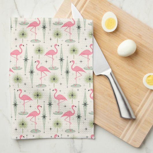 Atomic Oasis met roze flamingos Theedoek (Quarter Fold)