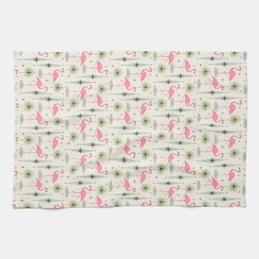 Atomic Oasis met roze flamingos Theedoek (Horizontaal)