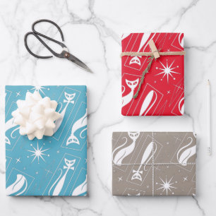 Atomic Star Cat MidCentury Moderne Kerstmis MCM Inpakpapier Vel