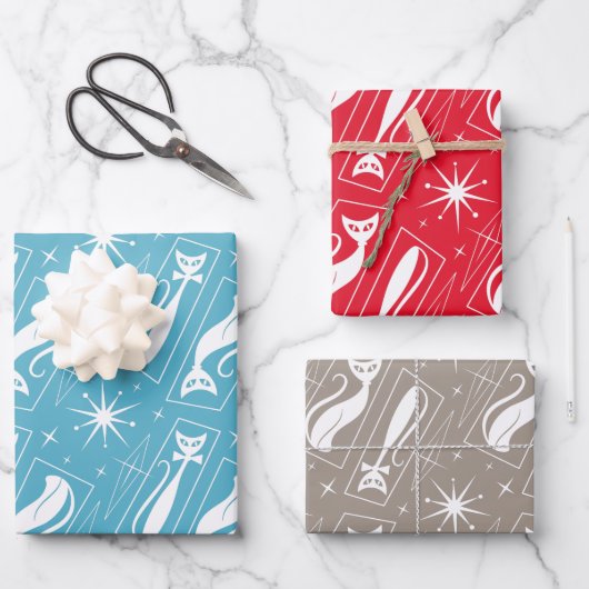 Atomic Star Cat MidCentury Moderne Kerstmis MCM Inpakpapier Vel (Voorkant)