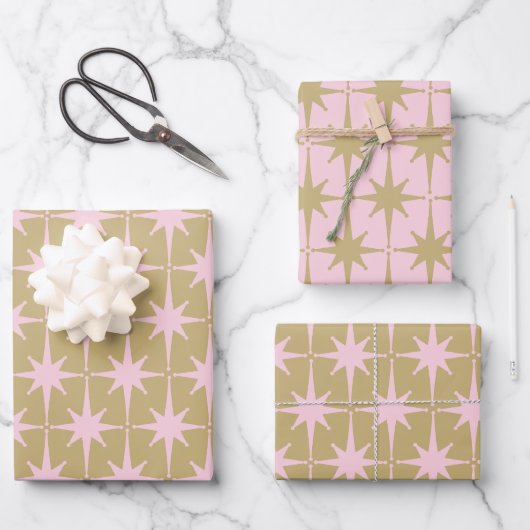 Atomic Starburst Patroon in Pastel Roze en Buff Inpakpapier Vel (Voorkant)
