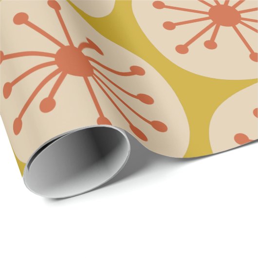 Atomic Stippen Retro Mid Mod Pattern Mustard Oranj Cadeaupapier (Rol Hoek)
