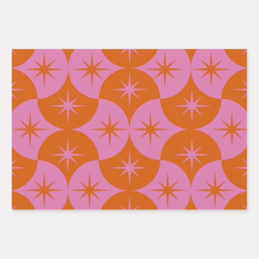 Atomische Starbursts op Roze Oranje Scallop Shapes Inpakpapier Vel (Voorkant 2)