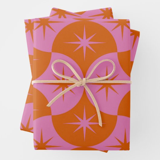 Atomische Starbursts op Roze Oranje Scallop Shapes Inpakpapier Vel (In situ)