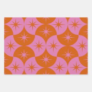 Atomische Starbursts op Roze Oranje Scallop Shapes Inpakpapier Vel