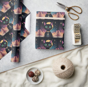 Atoom Futuristische Kosmische Zwarte Kat in Manesc Cadeaupapier