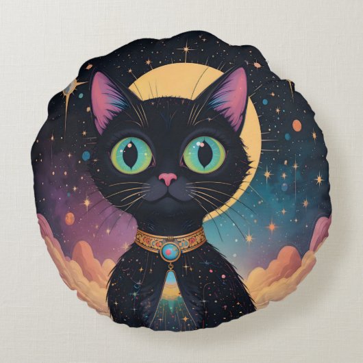 Atoom Futuristische Kosmische Zwarte Kat in Manesc Rond Kussen (Achterkant)