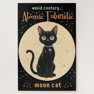 Atoom Futuristische Zwarte Kat Maan met tekst Legpuzzel