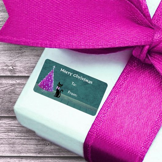 Atoom zwart Kat Roze zilveren Kerstboom Teal Etiket