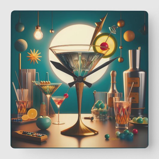 atoomfuturistische printplaat martini vierkante klok (Voorkant)