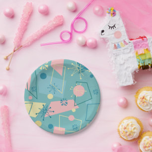 atoomretrospectief van 1950 in Blauwgroen en roze Papieren Bordje