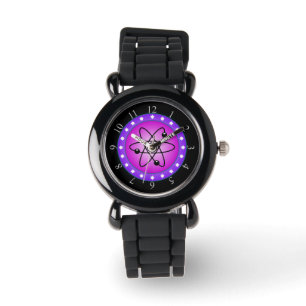 atoomsymbool op een roze achtergrond horloge