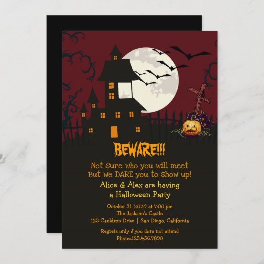 Attention Maison hantée Halloween invitation de la (Devant / Derrière)