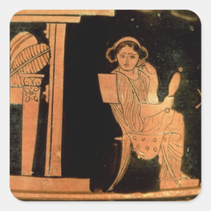 Attische rode figuurpyxis die een bruid weergeeft, vierkante sticker