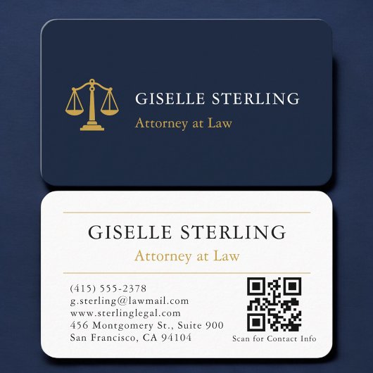 Attorney Navy Blue Gold QR Code Professional Visitekaartje