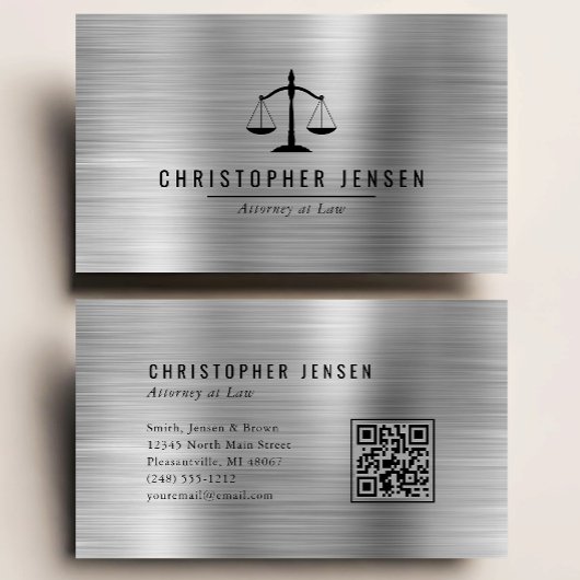 Attorney QR Code Black Scales Silver Brushed Metal Visitekaartje