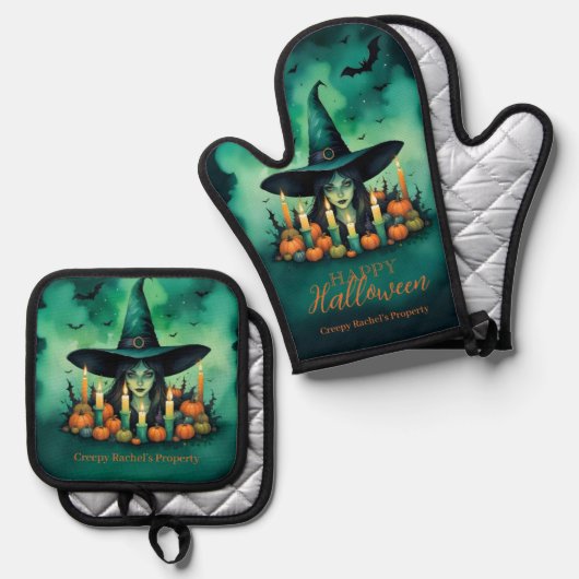 Attractive & Mystical Halloween Witch Conjures Ovenwant & Pannenlap Set (Voorkant / Achterkant)