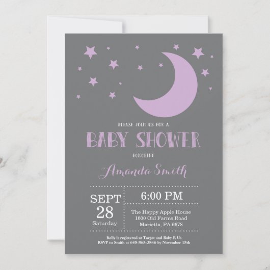 Au-delà de la lune Invitation violette Baby shower (Devant)