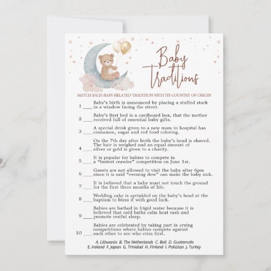 Au-dessus du Baby shower Lune Carte de jeu Vrai ou (Devant)