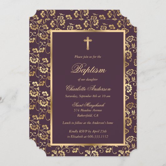 Aubergine en Gold Cross Script Bloemdoop Kaart (Voorkant / Achterkant)