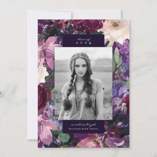 Aubergine Paars Floral Afstuderen Foto Aankondiging (Voorkant)