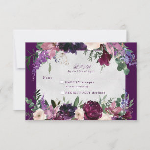 Aubergine Paarse Bloemen Bruiloft RSVP invoegen