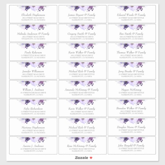 Aubergine paarse bloemen gastennamen Adresetikette Sticker (Vel)