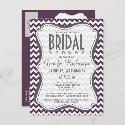 Aubergine Paarse Chevron; zig zag Uitnodiging Briefkaart (Voorkant / Achterkant)