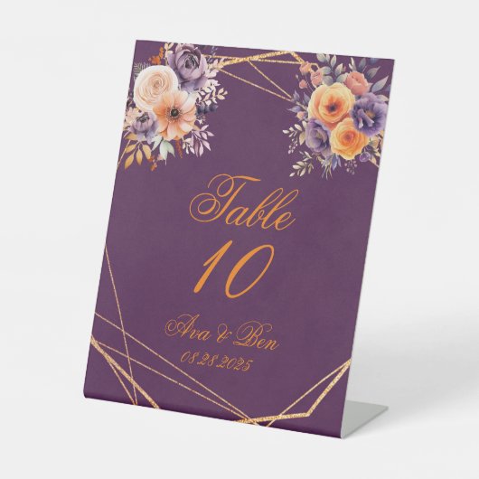 Aubergine Paarse Sinaasappel Bloemen Tafel Nummer Reclamebord Met Voetstuk (Voorkant)