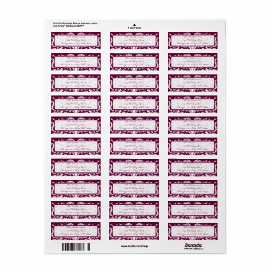 Aubergine Plum Damask Swirl Retrun adreslabel Etiket (Full Sheet)