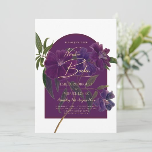 Aubergine Pruim Paars Bloemig Bosgroen Trouwdag Kaart (Staand voorkant)