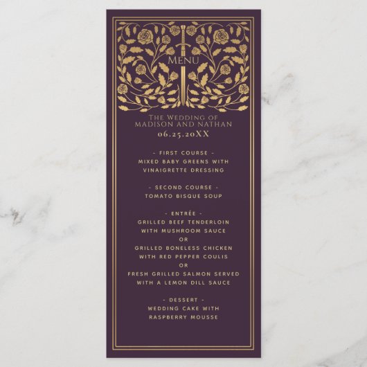Aubergine Royal Medieval Sword Wedding Flat Menu (Voorkant)